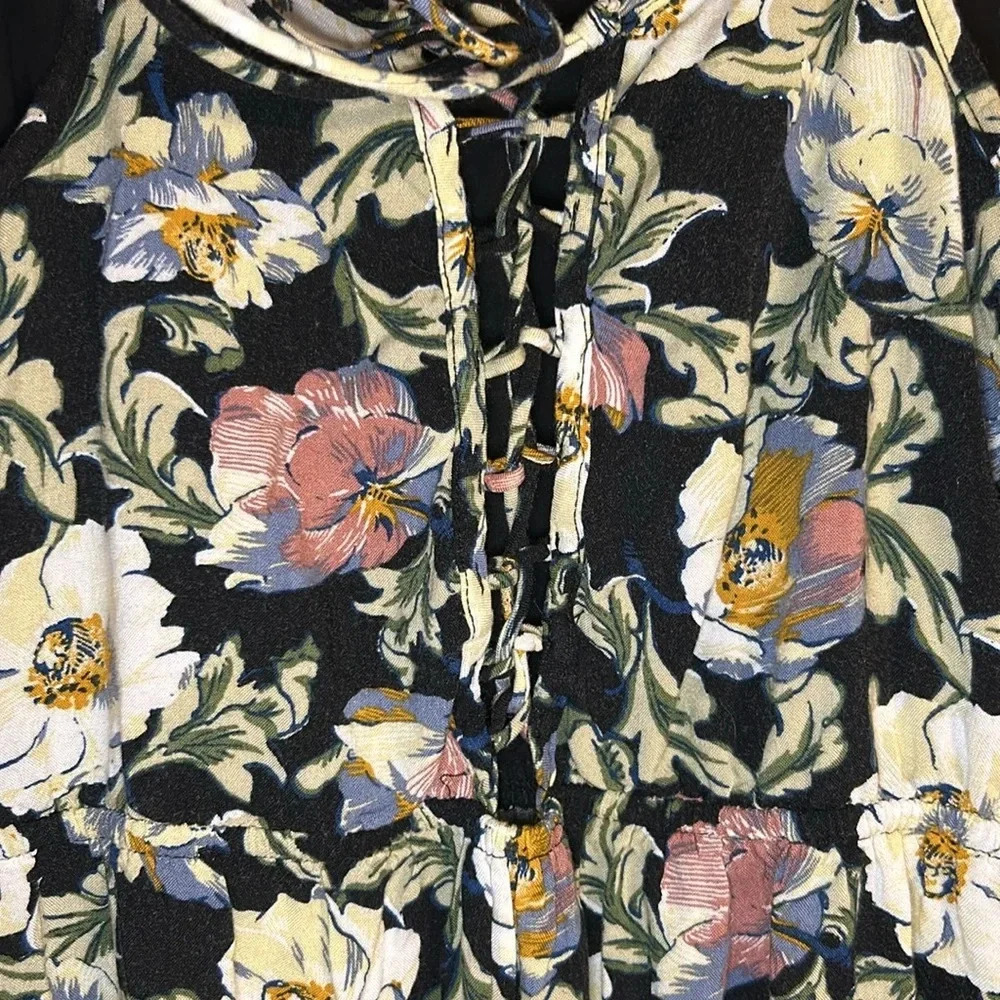 Xhilaration Floral Sleeveless Dress with Lace Up Back, Sz XS, Ruffle, Black - Picture 6 of 9